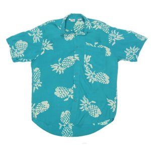 BACK EAST Teal Pineapple Batik Tropical Hawaiian Button Up Mens Shirt size M 020